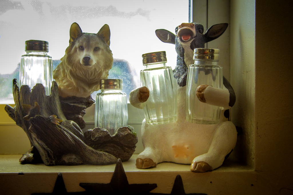 Salt and Pepper Shakers that look like a wolf and cow